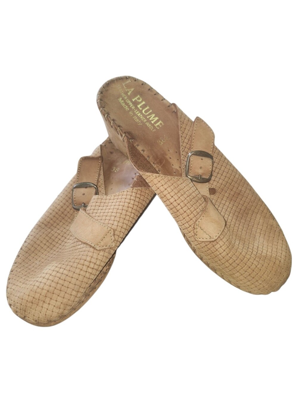 La Plume Tan Woven Leather Comfort Wedge Mules Clogs. Sz. 7.5/38
